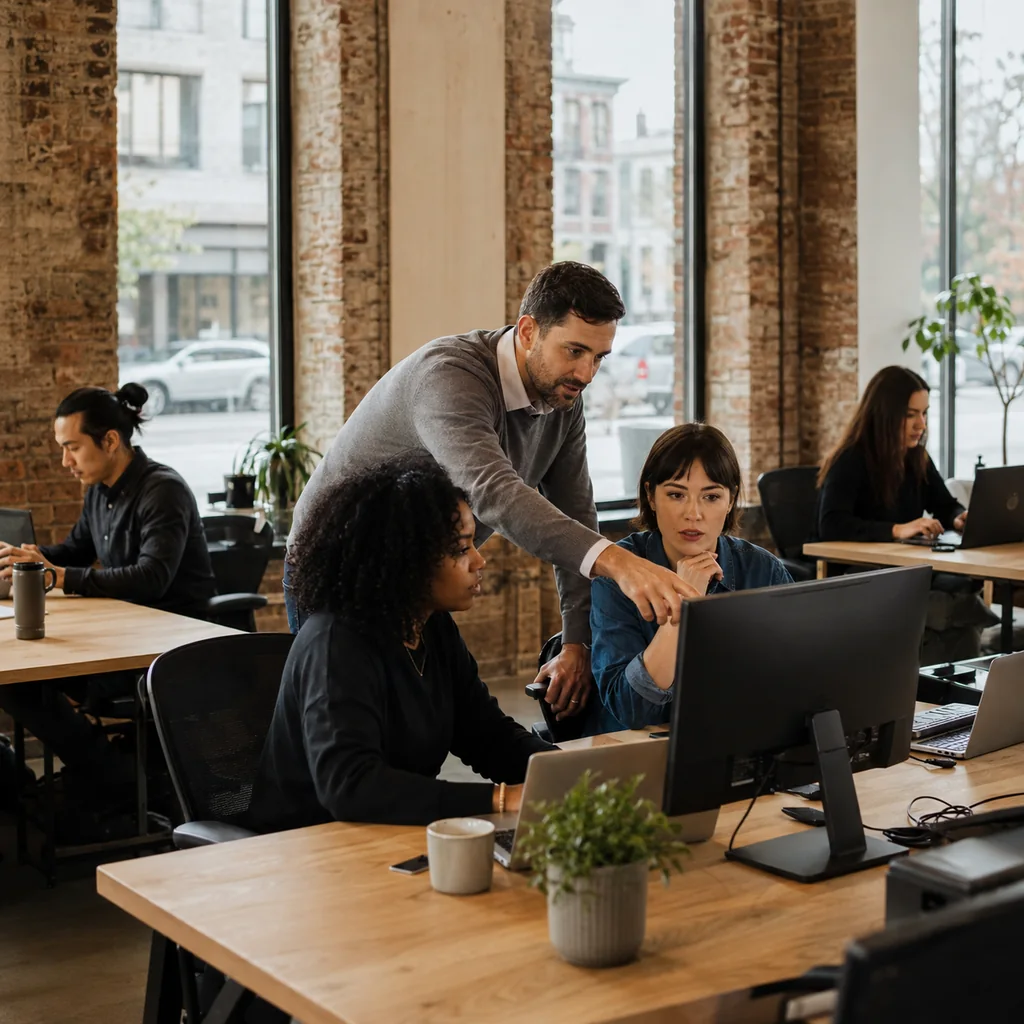 Illustrative office scene with an IT specialist helping colleagues at a workstation, surrounded by people working on computers.